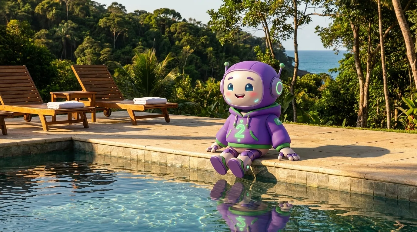 O mascote do Link2Shop sentado na beira de uma piscina de pousada do Litoral Norte, com espreguiçadeiras e a mata ao fundo