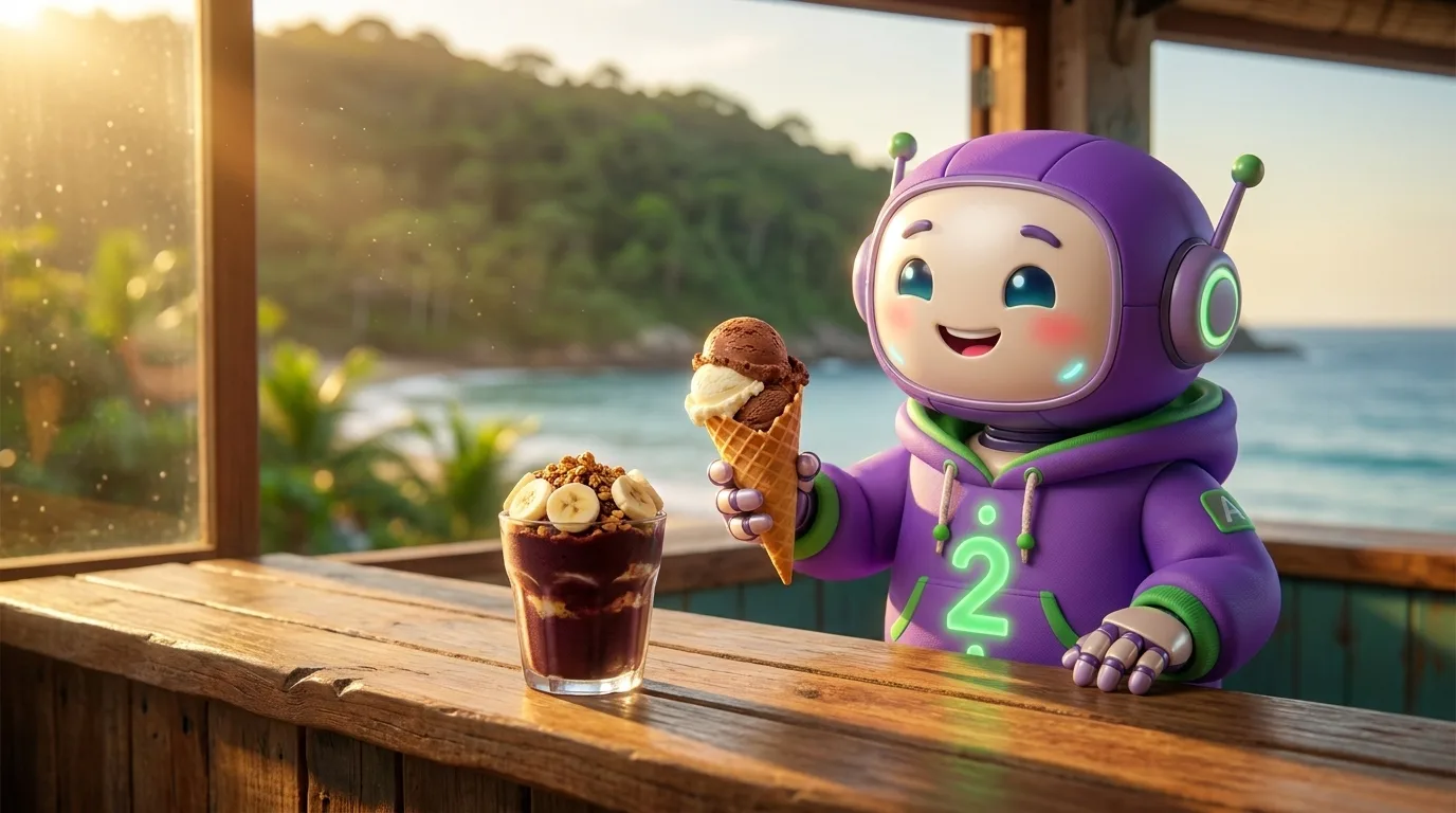 O mascote do Link2Shop segurando uma casquinha de sorvete no balcão de uma sorveteria de praia, com um copo de açaí ao lado